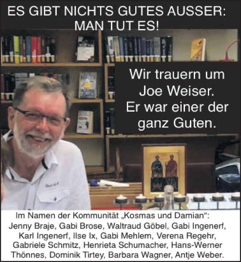  Traueranzeige für Joe Weiser vom 03.09.2021 aus  Werbepost 