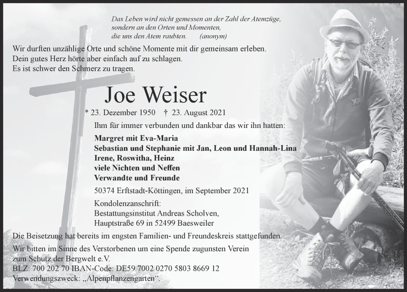  Traueranzeige für Joe Weiser vom 03.09.2021 aus  Werbepost 