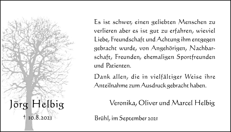  Traueranzeige für Jörg Helbig vom 03.09.2021 aus  Schlossbote/Werbekurier 