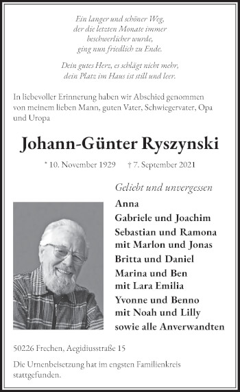Anzeige von Johann-GÃ¼nter Ryszynski von  Wochenende 
