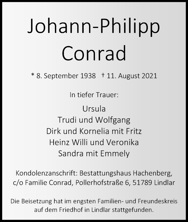  Traueranzeige für Johann-Philipp Conrad vom 04.09.2021 aus Kölner Stadt-Anzeiger / Kölnische Rundschau / Express