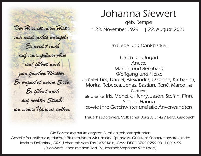  Traueranzeige für Johanna Siewert vom 07.09.2021 aus Kölner Stadt-Anzeiger / Kölnische Rundschau / Express