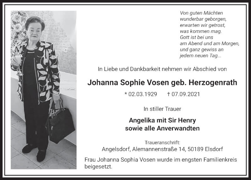  Traueranzeige für Johanna Sophie Vosen vom 17.09.2021 aus  Werbepost 