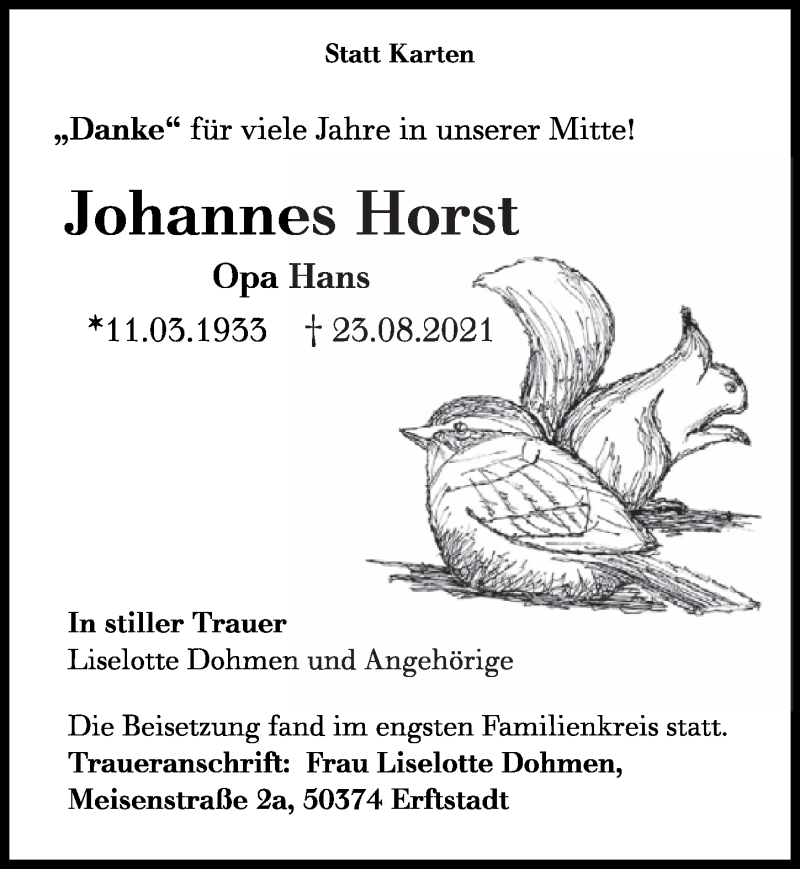  Traueranzeige für Johannes Horst vom 03.09.2021 aus  Werbepost 