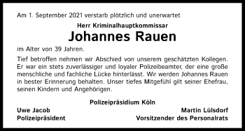 Anzeige von Johannes Rauen von Kölner Stadt-Anzeiger / Kölnische Rundschau / Express