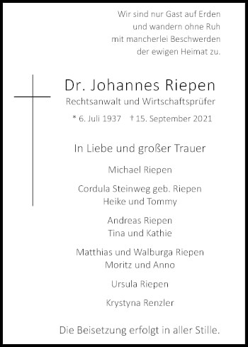 Anzeige von Johannes Riepen von Kölner Stadt-Anzeiger / Kölnische Rundschau / Express