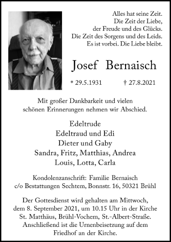 Anzeige von Josef Bernaisch von  Kölner Wochenspiegel  Schlossbote/Werbekurier 