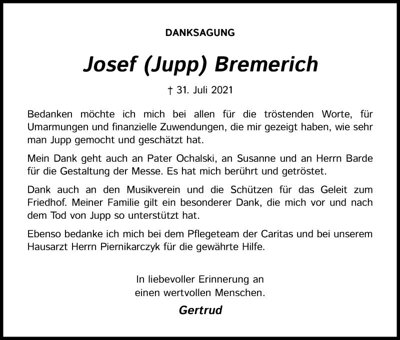  Traueranzeige für Josef Bremerich vom 11.09.2021 aus Kölner Stadt-Anzeiger / Kölnische Rundschau / Express