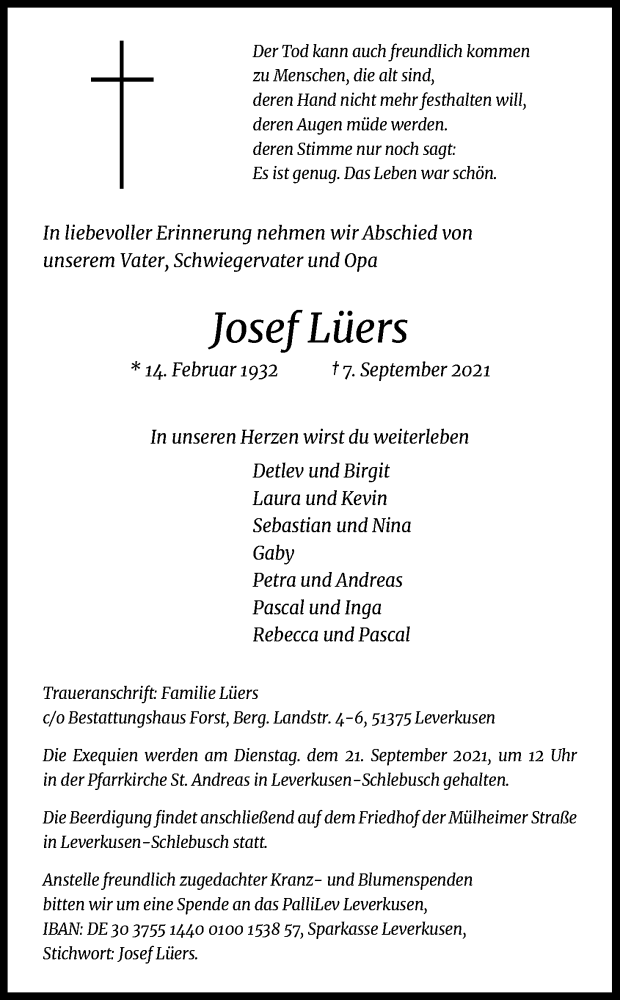 Traueranzeige für Josef Lüers vom 15.09.2021 aus Kölner Stadt-Anzeiger / Kölnische Rundschau / Express