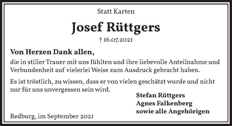  Traueranzeige für Josef Rüttgers vom 10.09.2021 aus  Werbepost 