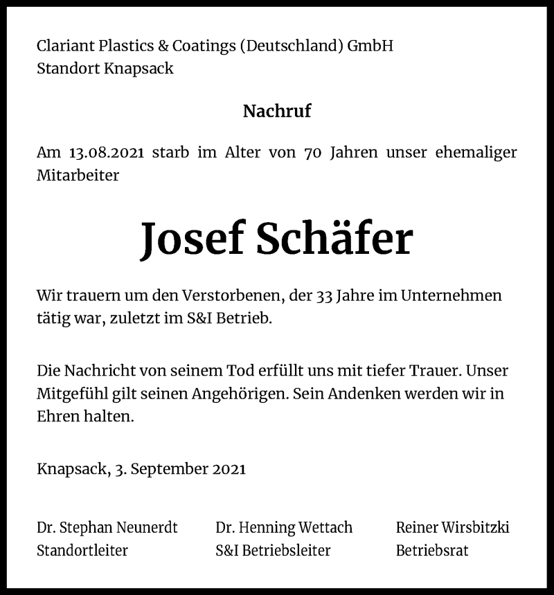  Traueranzeige für Josef Schäfer vom 11.09.2021 aus Kölner Stadt-Anzeiger / Kölnische Rundschau / Express