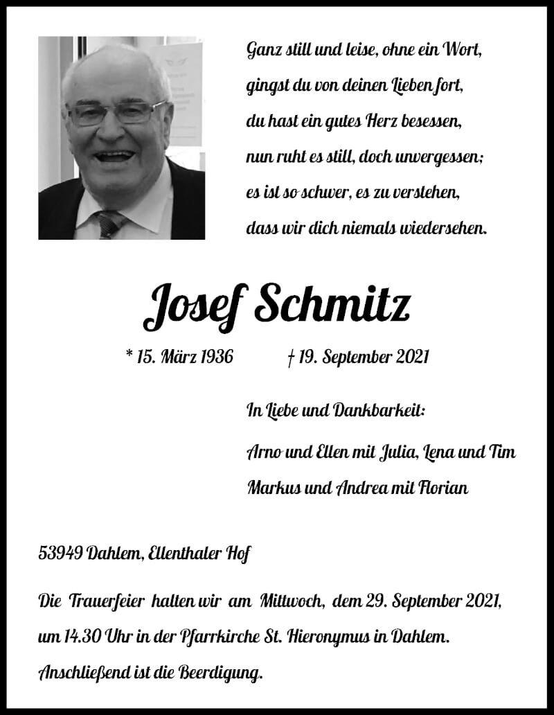  Traueranzeige für Josef Schmitz vom 25.09.2021 aus Kölner Stadt-Anzeiger / Kölnische Rundschau / Express
