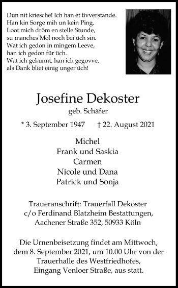 Anzeige von Josefine Dekoster von Kölner Stadt-Anzeiger / Kölnische Rundschau / Express
