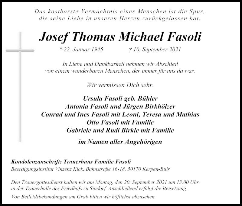  Traueranzeige für Josef Thomas Michael Fasoli Fasoli vom 18.09.2021 aus Kölner Stadt-Anzeiger / Kölnische Rundschau / Express