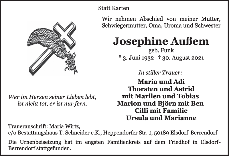  Traueranzeige für Josephine Außem vom 10.09.2021 aus  Werbepost 