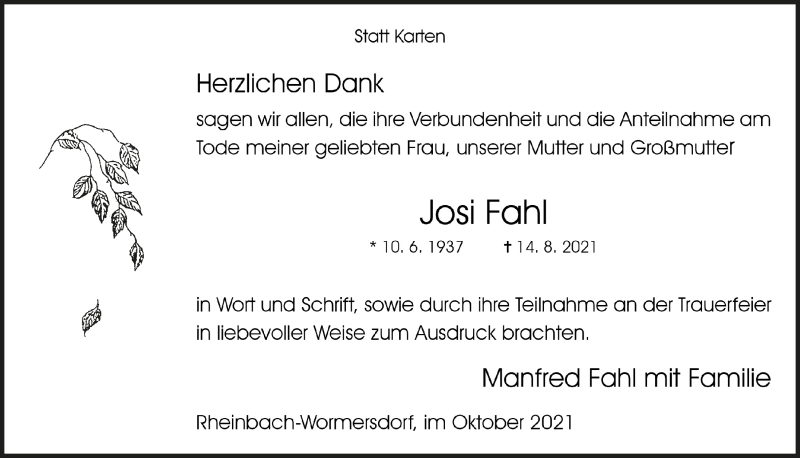  Traueranzeige für Josi Fahl vom 01.10.2021 aus  Schaufenster/Blickpunkt 