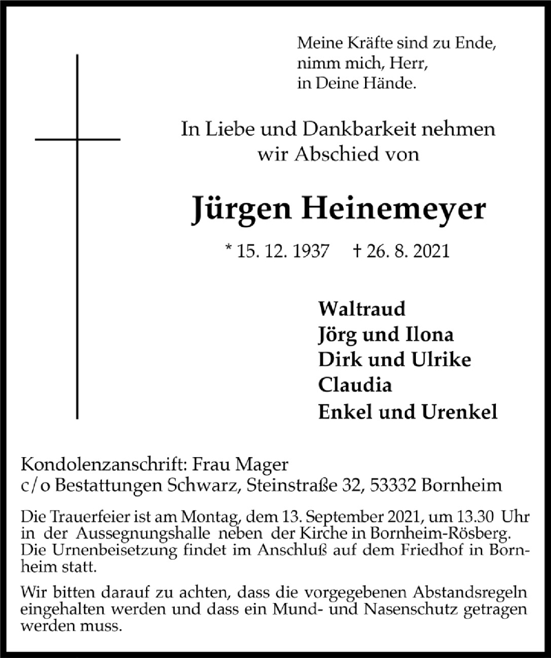  Traueranzeige für Jürgen Heinemeyer vom 03.09.2021 aus  Schlossbote/Werbekurier 