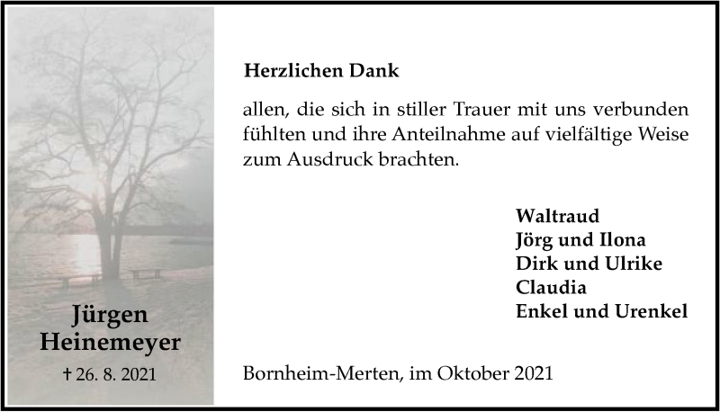  Traueranzeige für Jürgen Heinemeyer vom 01.10.2021 aus  Schlossbote/Werbekurier 