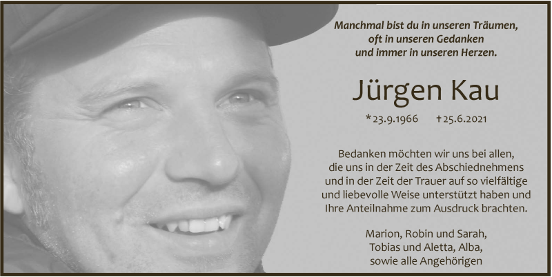  Traueranzeige für Jürgen Kau vom 03.09.2021 aus  Schlossbote/Werbekurier 