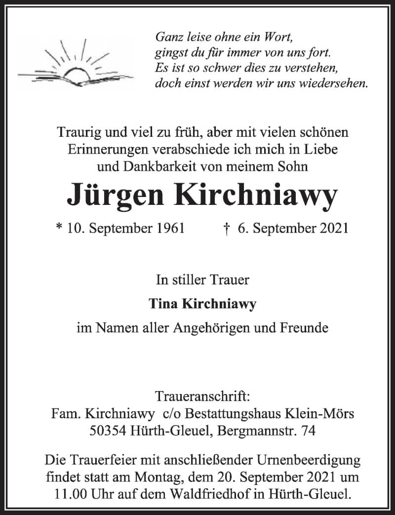  Traueranzeige für Jürgen Kirchniawy vom 17.09.2021 aus  Wochenende 