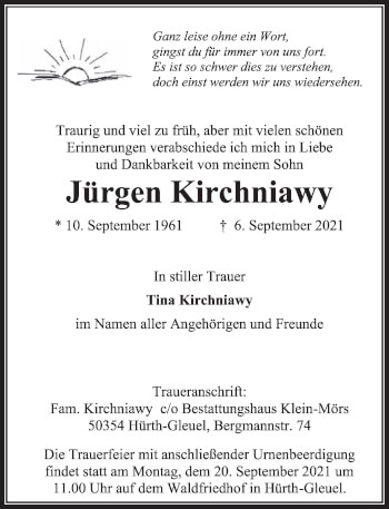 Anzeige von Jürgen Kirchniawy von  Wochenende 