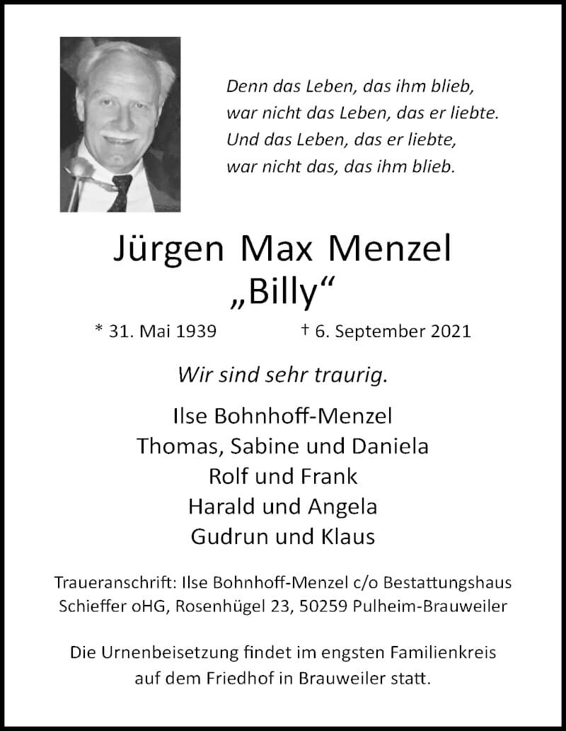  Traueranzeige für Jürgen Max Menzel vom 18.09.2021 aus Kölner Stadt-Anzeiger / Kölnische Rundschau / Express
