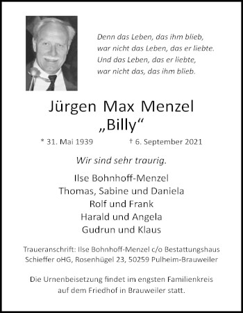 Anzeige von Jürgen Max Menzel von Kölner Stadt-Anzeiger / Kölnische Rundschau / Express