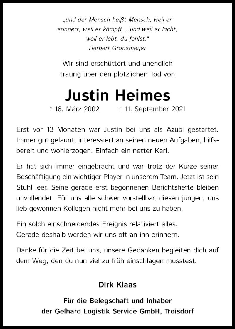  Traueranzeige für Justin Heimes vom 25.09.2021 aus Kölner Stadt-Anzeiger / Kölnische Rundschau / Express