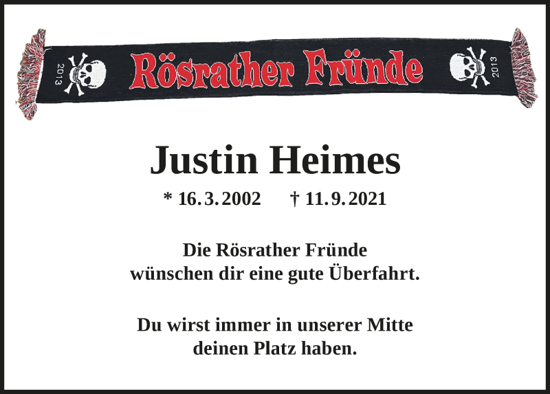  Traueranzeige für Justin Heimes vom 24.09.2021 aus  Bergisches Handelsblatt 