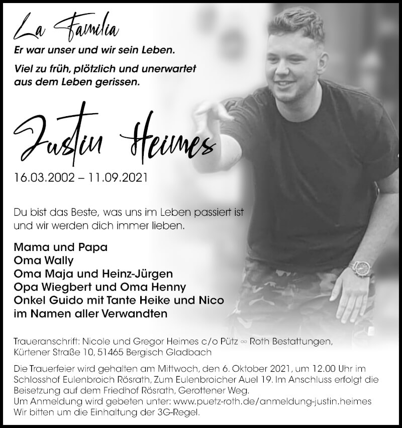  Traueranzeige für Justin Heimes vom 25.09.2021 aus Kölner Stadt-Anzeiger / Kölnische Rundschau / Express