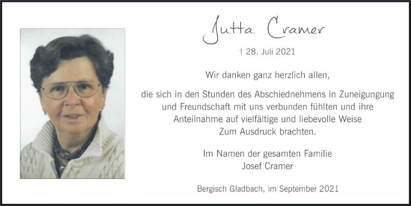  Traueranzeige für Jutta Cramer vom 17.09.2021 aus  Bergisches Handelsblatt 