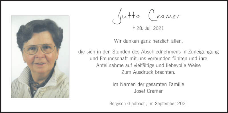  Traueranzeige für Jutta Cramer vom 18.09.2021 aus Kölner Stadt-Anzeiger / Kölnische Rundschau / Express