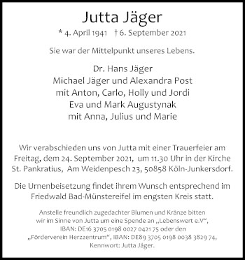 Anzeige von Jutta Jäger von Kölner Stadt-Anzeiger / Kölnische Rundschau / Express