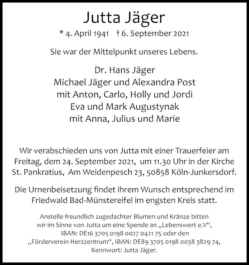  Traueranzeige für Jutta Jäger vom 18.09.2021 aus Kölner Stadt-Anzeiger / Kölnische Rundschau / Express