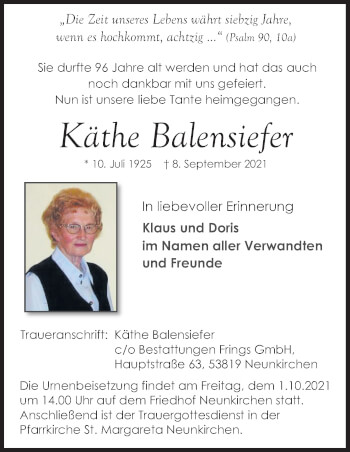 Anzeige von Käthe Balensiefer von Kölner Stadt-Anzeiger / Kölnische Rundschau / Express