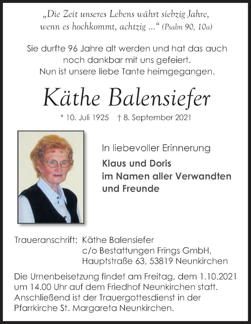  Traueranzeige für Käthe Balensiefer vom 25.09.2021 aus Kölner Stadt-Anzeiger / Kölnische Rundschau / Express