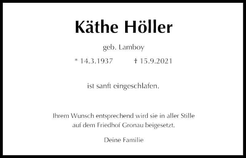  Traueranzeige für Käthe Höller vom 25.09.2021 aus Kölner Stadt-Anzeiger / Kölnische Rundschau / Express