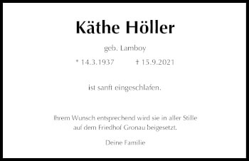 Anzeige von Käthe Höller von Kölner Stadt-Anzeiger / Kölnische Rundschau / Express