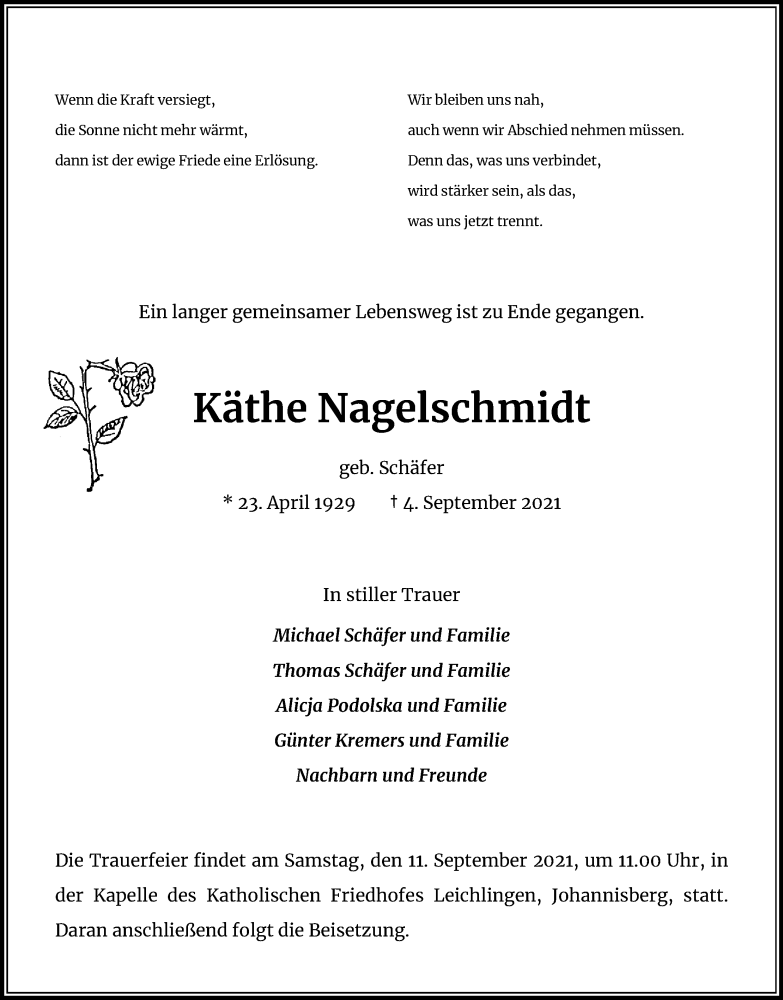  Traueranzeige für Käthe Nagelschmidt vom 08.09.2021 aus Kölner Stadt-Anzeiger / Kölnische Rundschau / Express