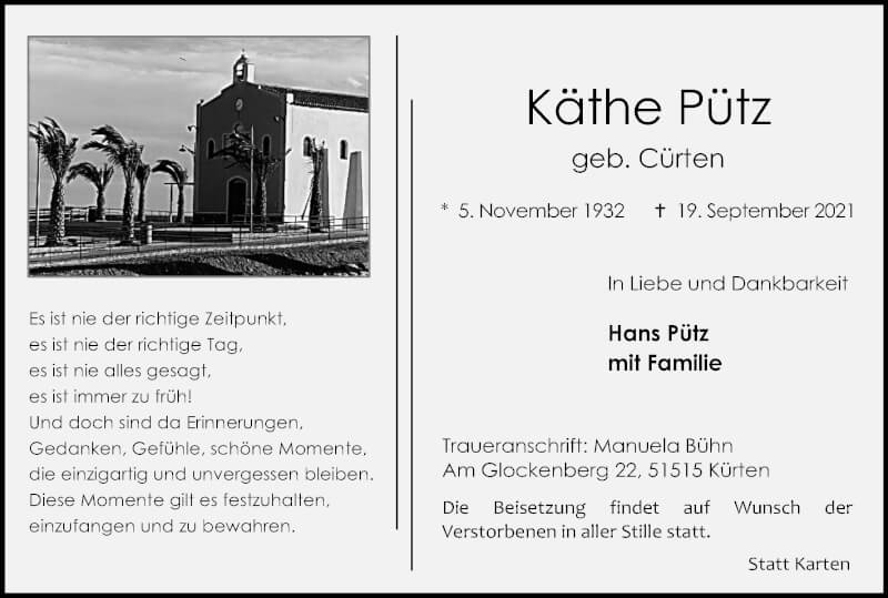  Traueranzeige für Käthe Pütz vom 25.09.2021 aus Kölner Stadt-Anzeiger / Kölnische Rundschau / Express
