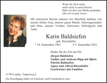 Anzeige von Karin Baldsiefen von Kölner Stadt-Anzeiger / Kölnische Rundschau / Express