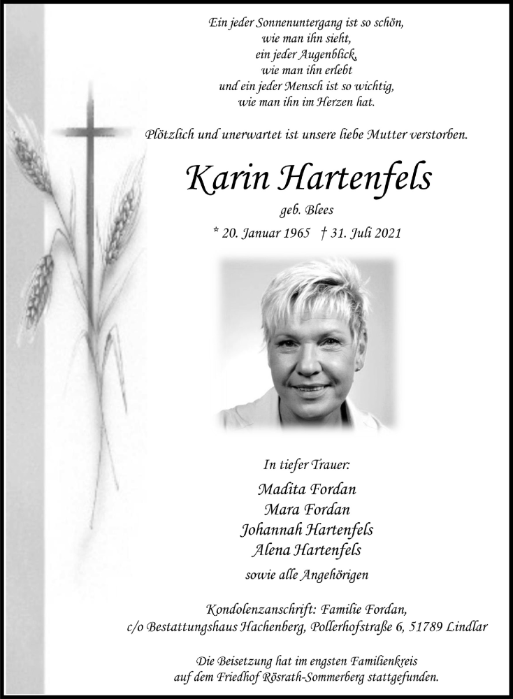  Traueranzeige für Karin Hartenfels vom 03.09.2021 aus  Anzeigen Echo 