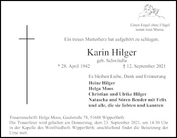 Anzeige von Karin Hilger von Kölner Stadt-Anzeiger / Kölnische Rundschau / Express