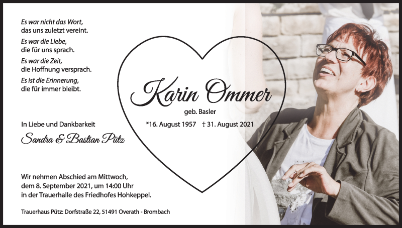  Traueranzeige für Karin Ommer vom 04.09.2021 aus Kölner Stadt-Anzeiger / Kölnische Rundschau / Express