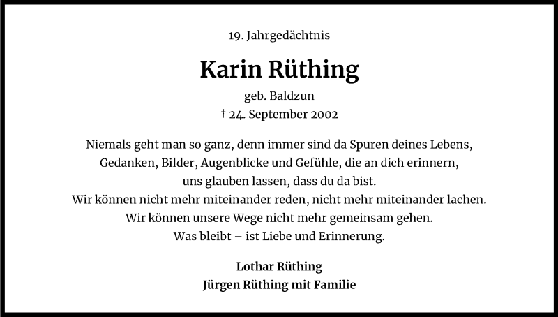  Traueranzeige für Karin Rüthing vom 24.09.2021 aus Kölner Stadt-Anzeiger / Kölnische Rundschau / Express