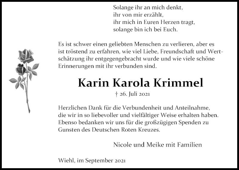  Traueranzeige für Karin Karola Krimmel vom 18.09.2021 aus Kölner Stadt-Anzeiger / Kölnische Rundschau / Express