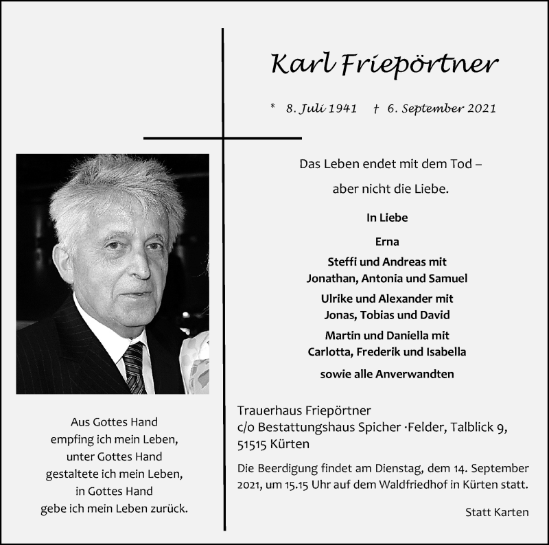  Traueranzeige für Karl Friepörtner vom 11.09.2021 aus Kölner Stadt-Anzeiger / Kölnische Rundschau / Express