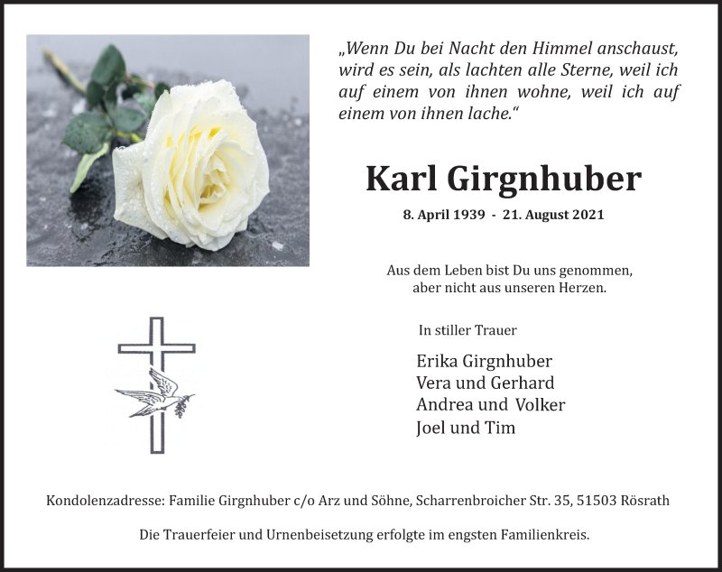  Traueranzeige für Karl Girgnhuber vom 11.09.2021 aus Kölner Stadt-Anzeiger / Kölnische Rundschau / Express