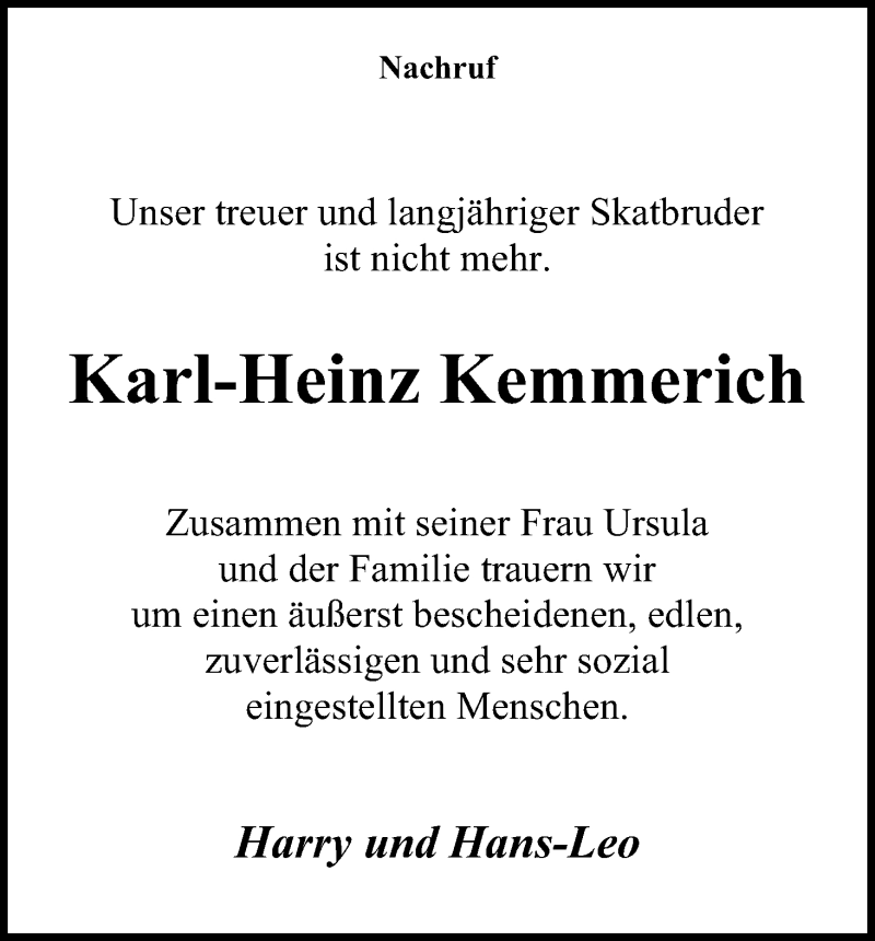 Traueranzeige für Karl-Heinz Kemmerich vom 09.09.2021 aus Kölner Stadt-Anzeiger / Kölnische Rundschau / Express