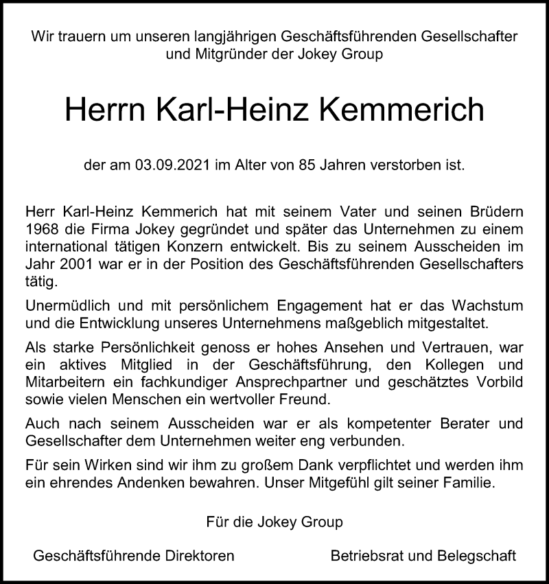  Traueranzeige für Karl-Heinz Kemmerich vom 09.09.2021 aus Kölner Stadt-Anzeiger / Kölnische Rundschau / Express